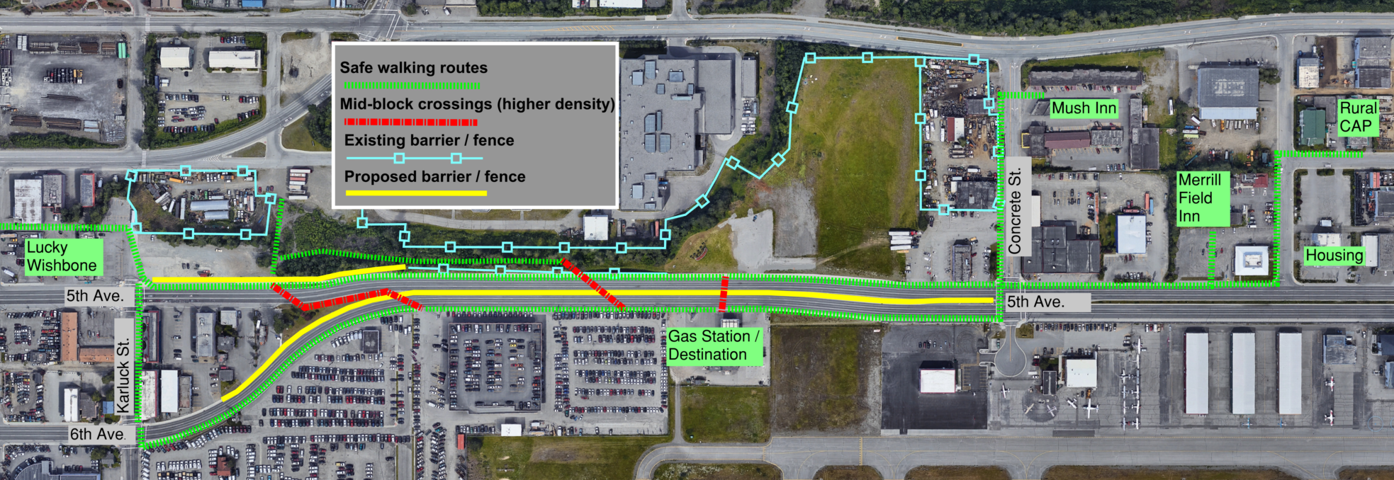 Map of 5th avenue with call out boxes of locations, markings of crossings, and fence locations.